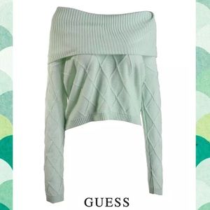 GUESS Mint Green Off-Shoulder Cable Knit Sweater
